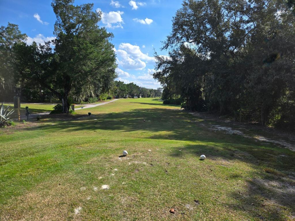 View of golf course fairway with tree lining